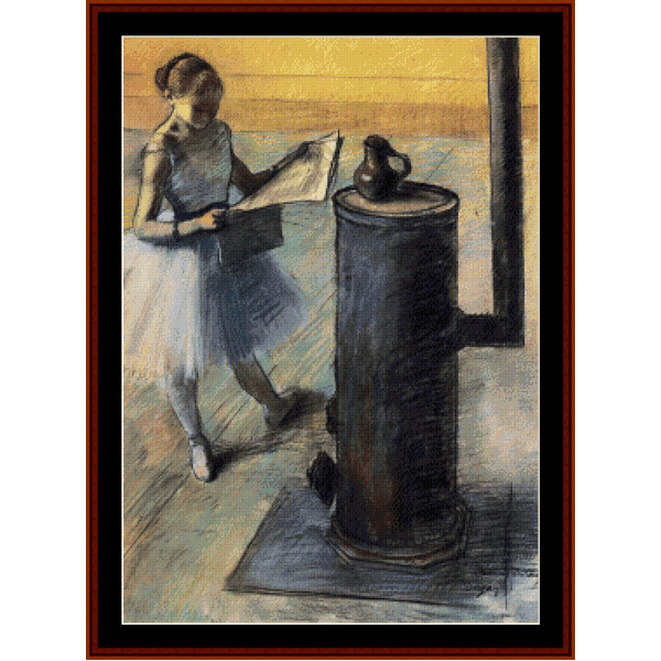 Counted Cross Stitch Pattern by Cross Stitch Collectibles depicting a dancer resting by a stove, based on Edgar Degas' artwork.