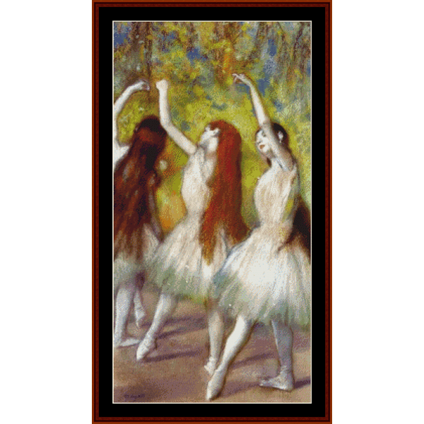 Counted Cross Stitch Pattern by Cross Stitch Collectibles depicting three ballet dancers in green outfits, following the style of Edgar Degas' artwork.