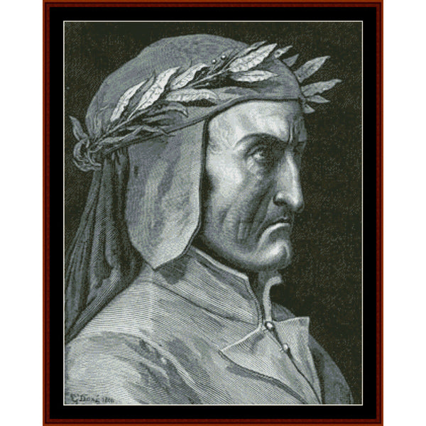 Counted Cross Stitch Pattern – Dante Aligheri by Gustave Dore - Cross Stitch Collectibles - A framed monochrome portrait print showing a man in profile wearing a laurel wreath