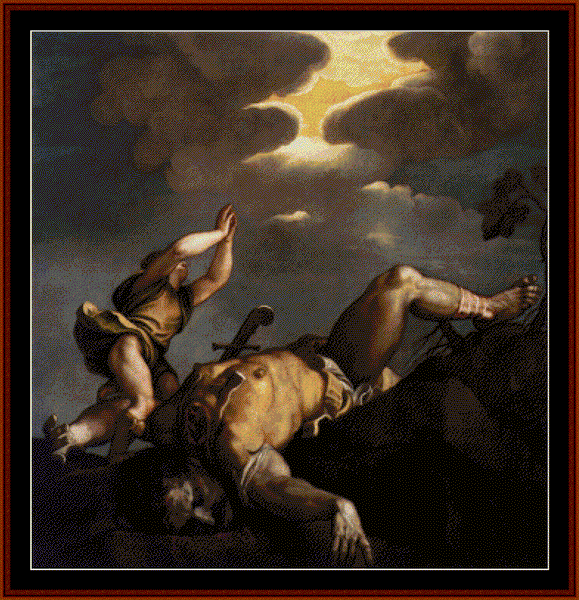Counted Cross Stitch Pattern by Cross Stitch Collectibles depicting the biblical story of David and Goliath