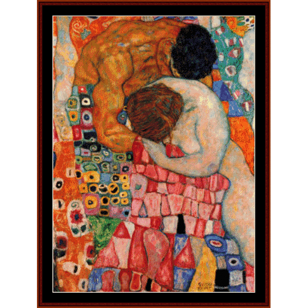 Counted Cross Stitch Pattern by Cross Stitch Collectibles featuring the famous 'Death and Life' painting by Gustav Klimt, with vibrant colors and intricate detailing.