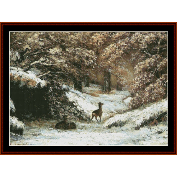 Counted Cross Stitch Pattern – Deer in Winter, 1866 by Gustave Courbet - Cross Stitch Collectibles - Winter landscape with deer in a snowy forest