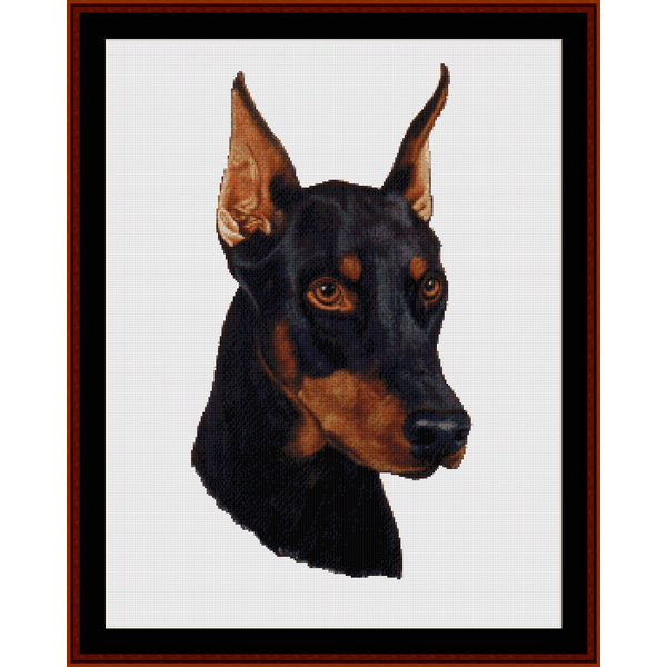 Counted Cross Stitch Pattern by Cross Stitch Collectibles depicting the head of a Doberman pinscher in black, brown, and white colors.