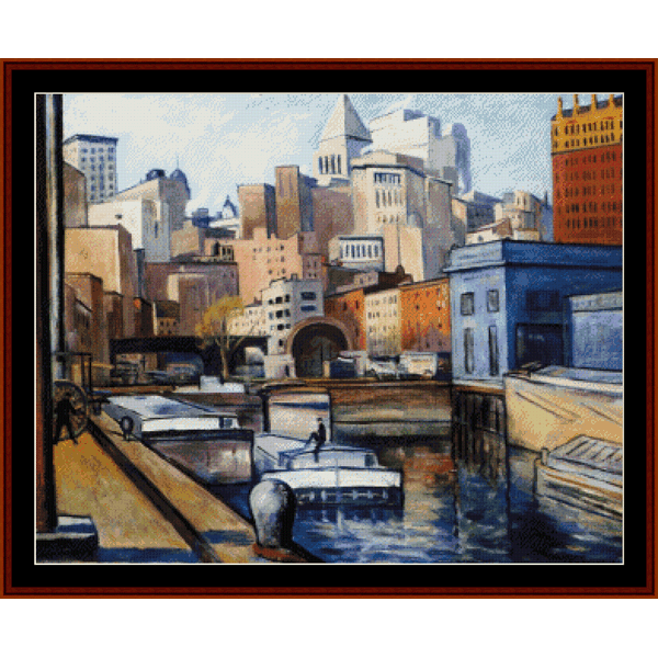 Counted Cross Stitch Pattern by Cross Stitch Collectibles depicting a cityscape with buildings and boats.