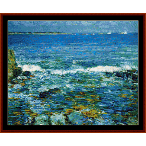 Counted Cross Stitch Pattern by Cross Stitch Collectibles for 'Duck Island from Appledore' depicting a vibrant seascape with a detailed depiction of waves and a lighthouse.