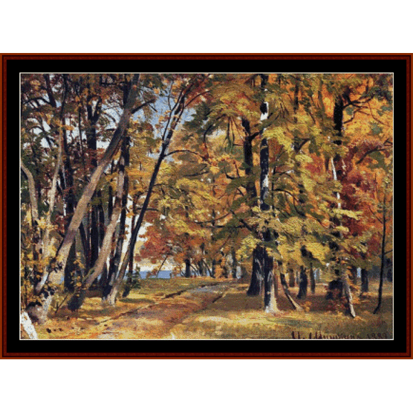 Counted Cross Stitch Pattern by Cross Stitch Collectibles featuring a vibrant forest scene in autumn with rich colors and detailed tree lines.