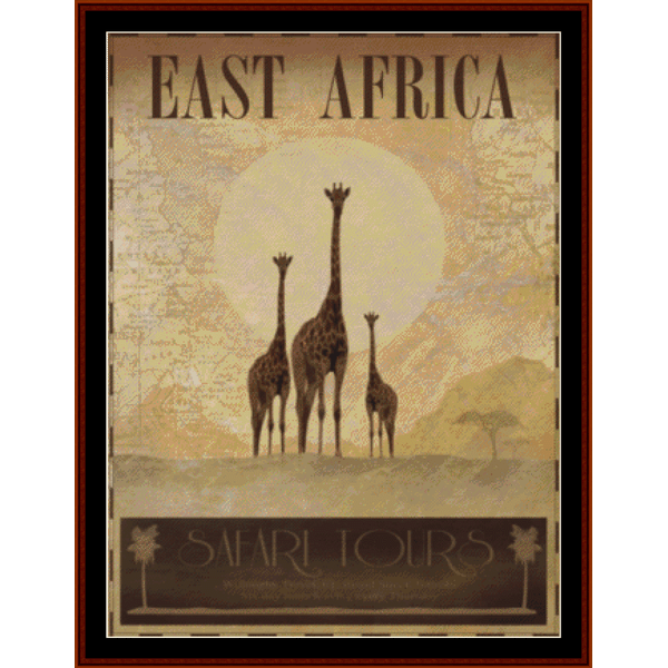 A vintage style Counted Cross Stitch Pattern by Cross Stitch Collectiblesdepicting three giraffes on the savannah with a large sun and a compass in the background, indicating a safari or wildlife park theme, titled 'East Africa'.
