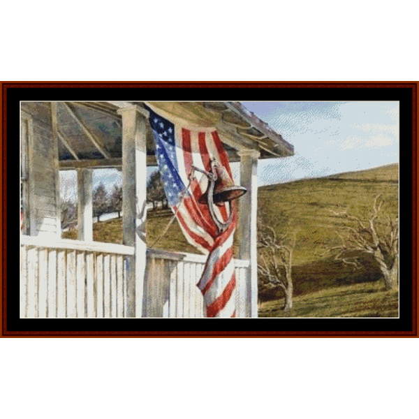 Counted Cross Stitch Pattern by Cross Stitch Collectibles featuring a scene with an American flag and a bell, resembling a postcard or a painting