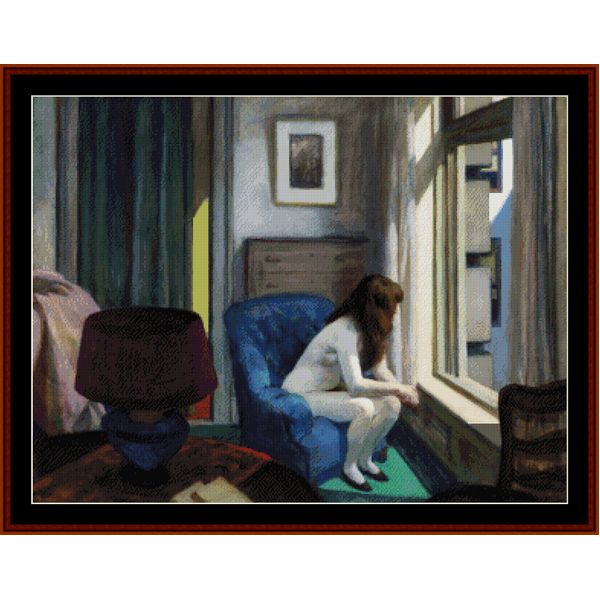 Counted Cross Stitch Pattern by Cross Stitch Collectibles of a painting depicting a woman seated by a window in a room with a dark interior.