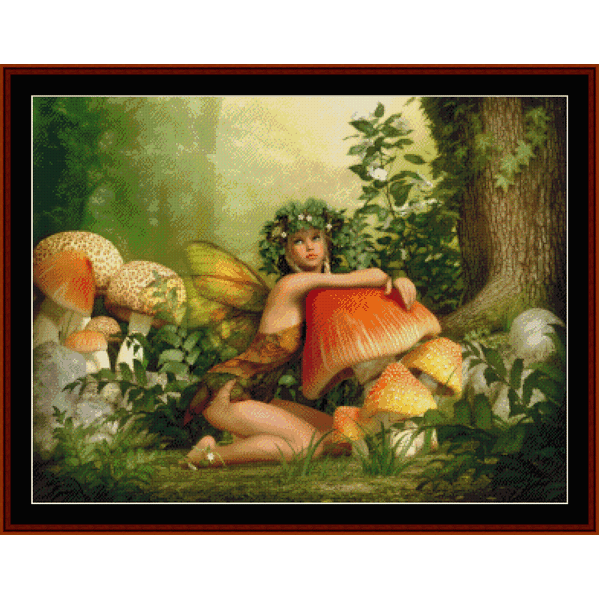 Counted Cross Stitch Pattern by Cross Stitch Collectibles depicting a fairy sitting in a forest surrounded by mushrooms and foliage.