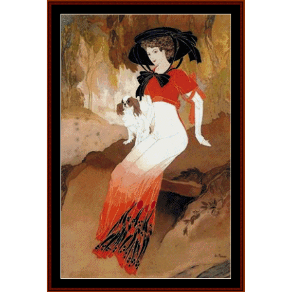 Counted Cross Stitch Pattern by Cross Stitch Collectibles featuring a colorful illustration of a woman in a red dress with a black hat and a small dog on a brown background, titled 'Etudes - Georges De Feures'.