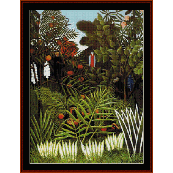 Counted Cross Stitch Pattern by Cross Stitch Collectibles depicting an exotic landscape with trees, flowers, and a bird.