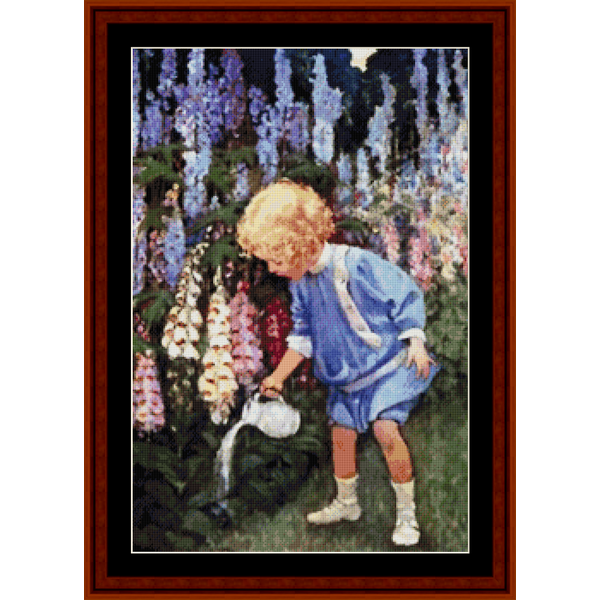 Counted Cross Stitch Pattern by Cross Stitch Collectibles featuring a child in a blue dress and shorts, watering a flower garden.