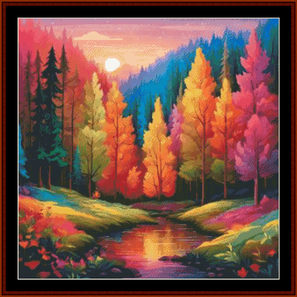 A colorful Counted Cross Stitch Pattern by Cross Stitch Collectibles depicting a vibrant autumn landscape with trees in rich fall colors and a reflective body of water.