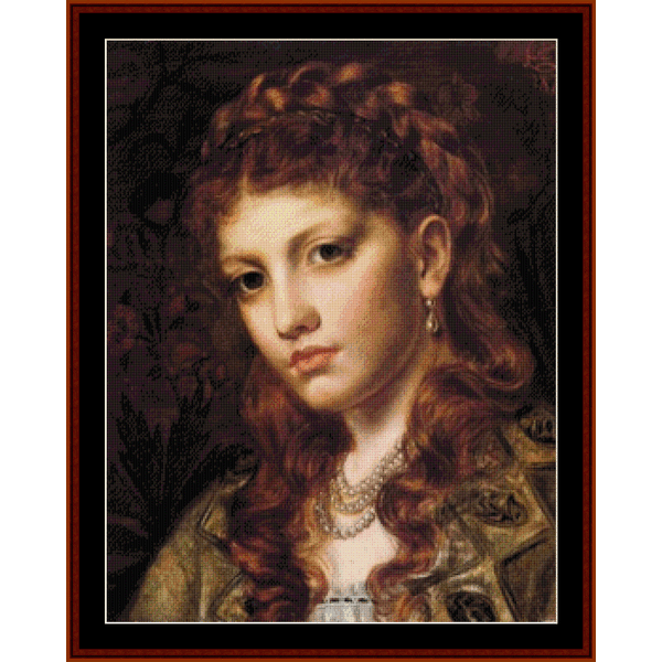 Counted Cross Stitch Pattern by Cross Stitch Collectibles depicting a portrait of a woman with red hair, dressed in period clothing, against a dark background.