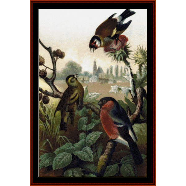 Vintage-style Counted Cross Stitch Pattern by Cross Stitch Collectibles of three birds on a branch with a landscape in the background.