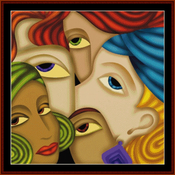 Colorful Counted Cross Stitch Pattern by Cross Stitch Collectibles of four faces with different hair colors and eye colors.