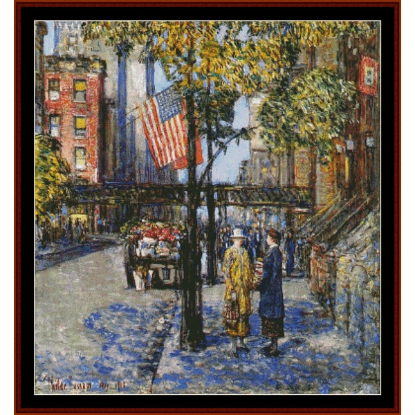 Counted Cross Stitch Pattern by Cross Stitch Collectibles of a city street scene with people and an American flag