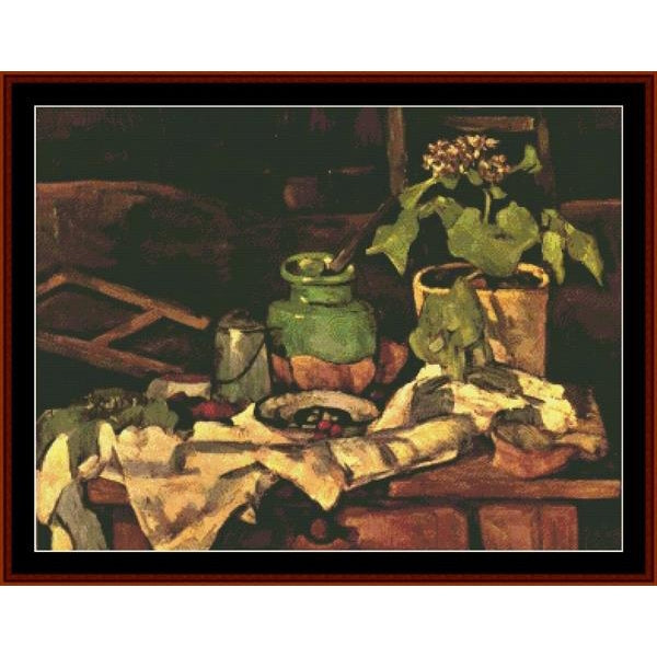 Still life Counted Cross Stitch Pattern by Cross Stitch Collectibles with a green jar, flowers, and other objects on a table.