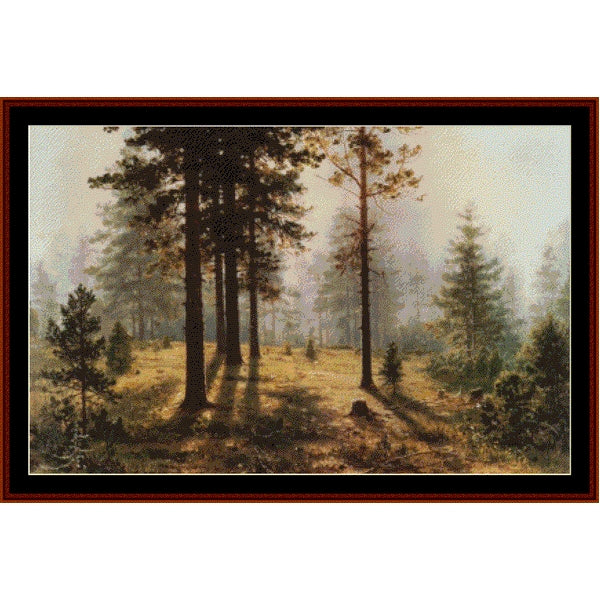 Counted Cross Stitch Pattern by Cross Stitch Collectibles of a forest scene with tall trees and a misty background.