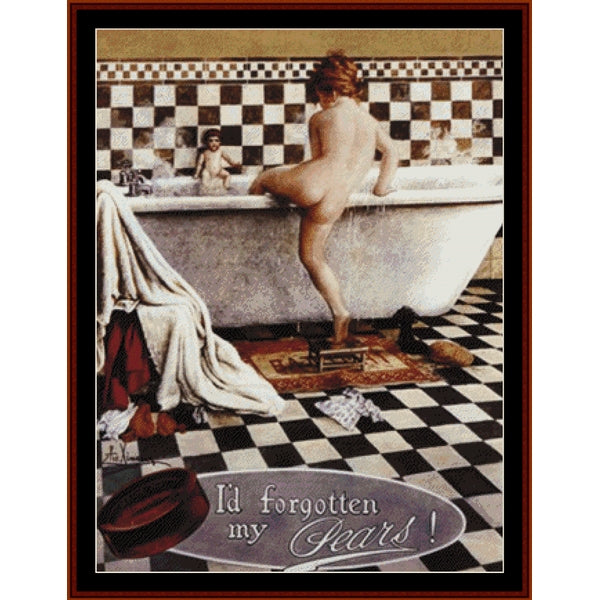 Vintage-style advertisement Counted Cross Stitch Pattern by Cross Stitch Collectibles with a bathtub scene and text 'I'd forgotten my Pears!'.