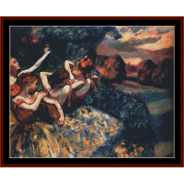 Counted Cross Stitch Pattern by Cross Stitch Collectibles of four ballet dancers with a sunset sky.