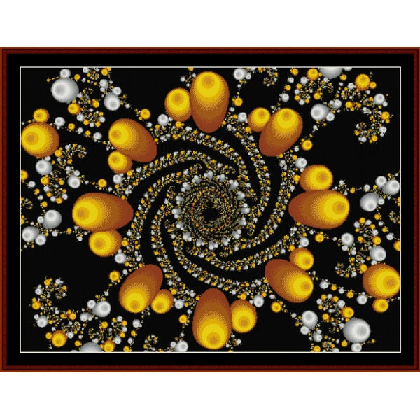 Spiral pattern with yellow, orange, and white shapes on a black background - Counted Cross Stitch Pattern by Cross Stitch Collectibles