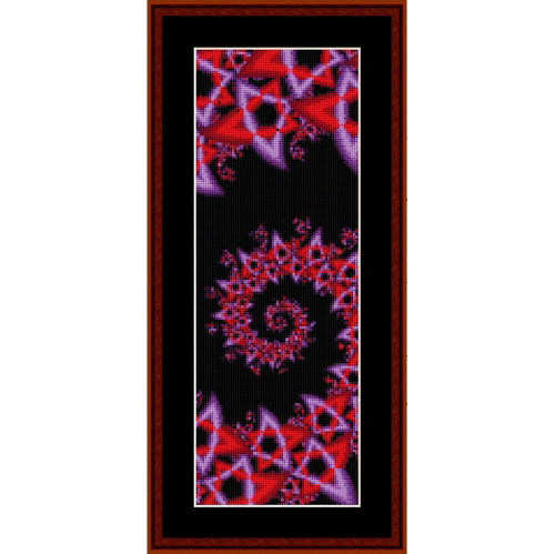 abstract Counted Cross Stitch Pattern by Cross Stitch Collectibles with red and purple patterns on a black background