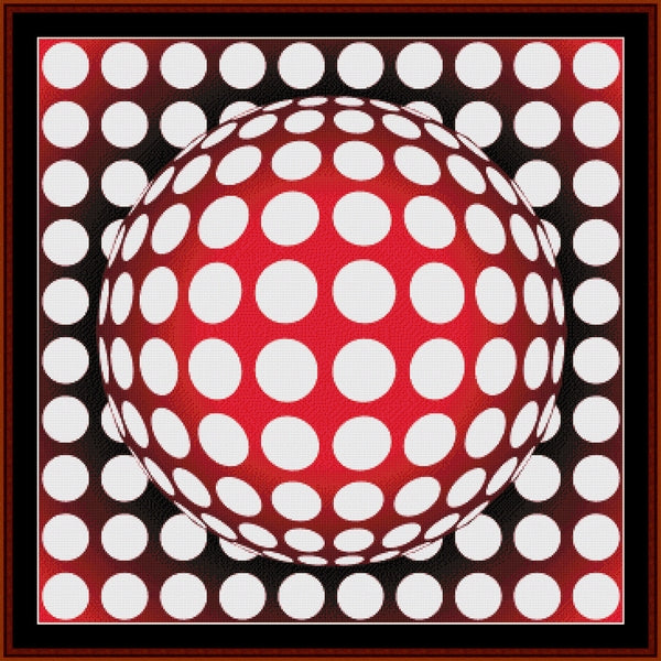 Counted Cross Stitch Pattern by Cross Stitch Collectibles - Red sphere with white dots on a black background with white polka dots