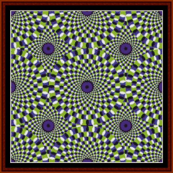 Optical illusion Counted Cross Stitch Pattern by Cross Stitch Collectibles with concentric circles and squares in green, purple, and white.