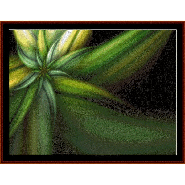 Counted Cross Stitch Pattern by Cross Stitch Collectibles of a green leaf with a dark background