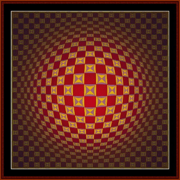 Op art Counted Cross Stitch Pattern by Cross Stitch Collectibles with red and yellow squares in a circular pattern
