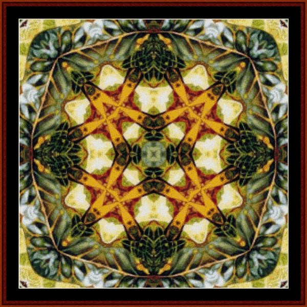 Decorative Counted Cross Stitch Pattern by Cross Stitch Collectibles with a star design surrounded by leaves and flowers on a yellow background.