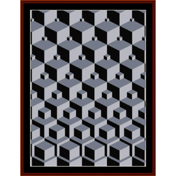 Geometric Counted Cross Stitch Pattern by Cross Stitch Collectibles with black, gray, and white cubes on a dark background