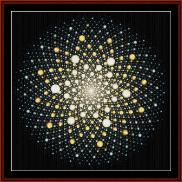 Geometric Counted Cross Stitch Pattern by Cross Stitch Collectibles with concentric circles and dots on a black background