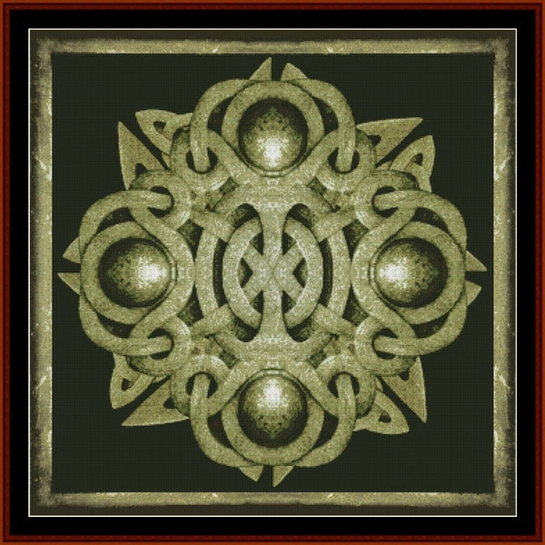 Decorative Celtic knot Counted Cross Stitch Pattern by Cross Stitch Collectibles with three central spheres on a dark background