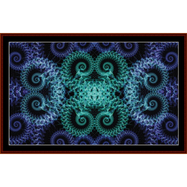 Fractal Counted Cross Stitch Pattern by Cross Stitch Collectibles with swirling patterns in blue and purple