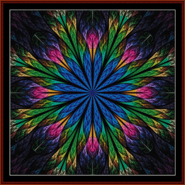 Colorful abstract Counted Cross Stitch Pattern by Cross Stitch Collectibles with a star-like pattern on a dark background
