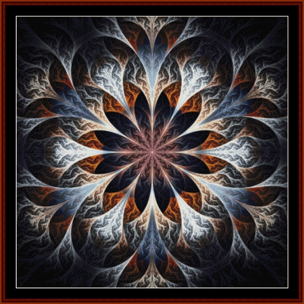 Fractal Counted Cross Stitch Pattern by Cross Stitch Collectibles with a central flower-like design in blue, orange, and white on a black background.