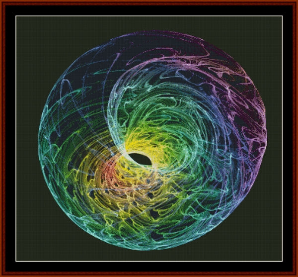 Colorful swirling Counted Cross Stitch Pattern by Cross Stitch Collectibles on a dark background