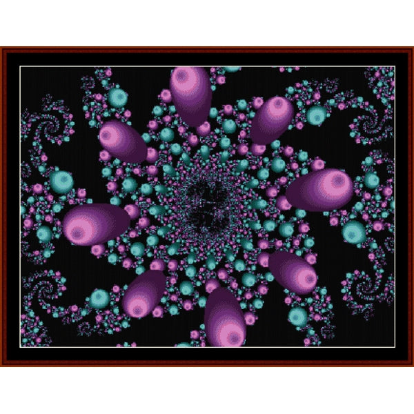 Colorful abstract Counted Cross Stitch Pattern by Cross Stitch Collectibles with purple and teal spheres on a black background