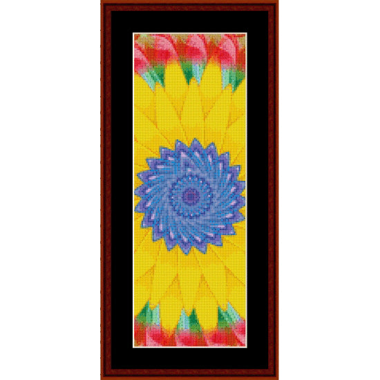 Colorful abstract Counted Cross Stitch Pattern by Cross Stitch Collectibles with a blue center and yellow background