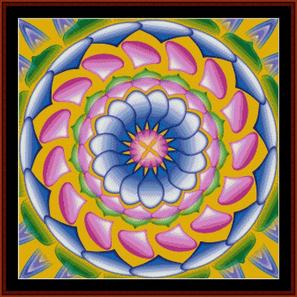 Colorful mandala Counted Cross Stitch Pattern by Cross Stitch Collectibles with a blue center on a yellow background