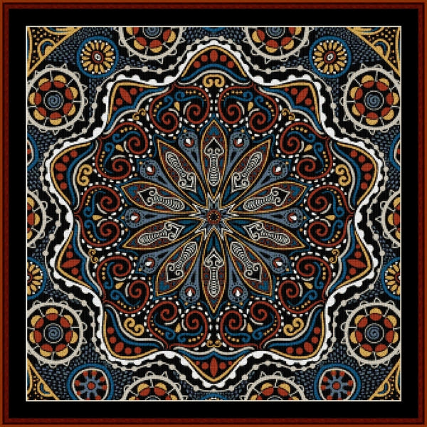 Decorative mandala with intricate patterns in blue, red, and gold - Counted Cross Stitch Pattern by Cross Stitch Collectibles