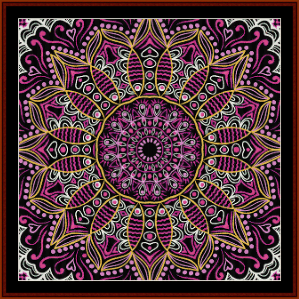 Decorative mandala Counted Cross Stitch Pattern by Cross Stitch Collectibles with pink, yellow, and white patterns
