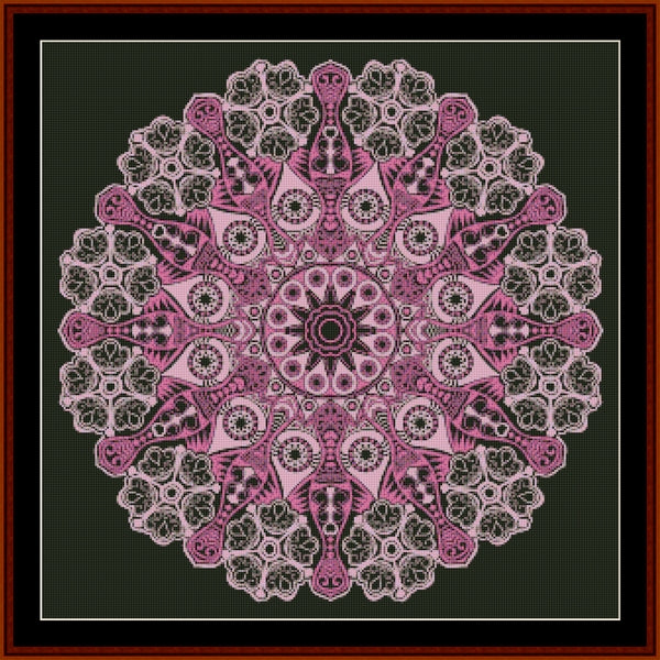 Mandala Counted Cross Stitch Pattern by Cross Stitch Collectibles with pink and black colors on a dark background