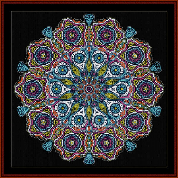 Colorful mandala Counted Cross Stitch Pattern by Cross Stitch Collectibles on a black background
