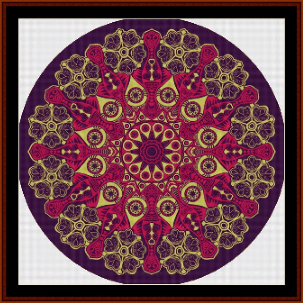 Mandala Counted Cross Stitch Pattern by Cross Stitch Collectibles with red and gold patterns on a purple background