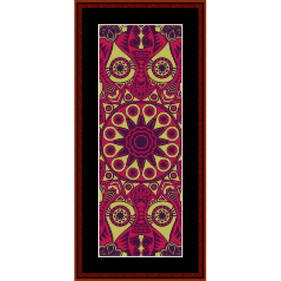 Counted Cross Stitch Pattern by Cross Stitch Collectibles with a geometric pattern in red, yellow, and purple on a black background.