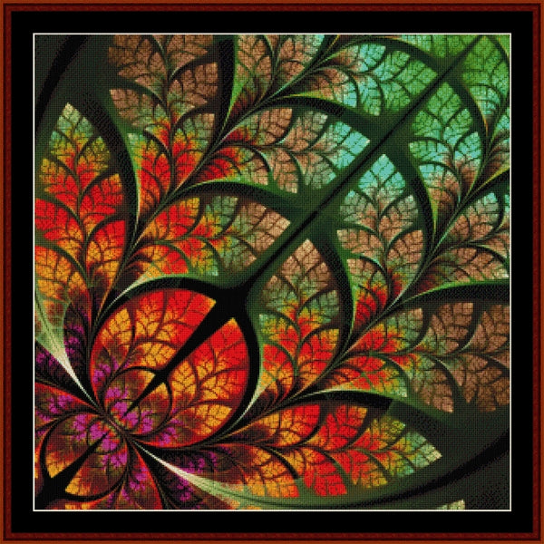 Colorful abstract Counted Cross Stitch Pattern by Cross Stitch Collectibles with leaf patterns on a black background